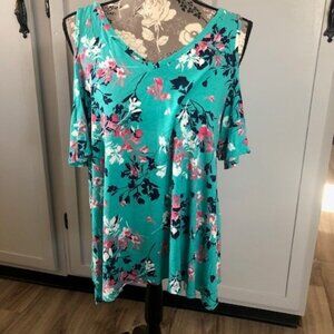 NWT Dressbarn Green & Pink Cold Shoulder Top